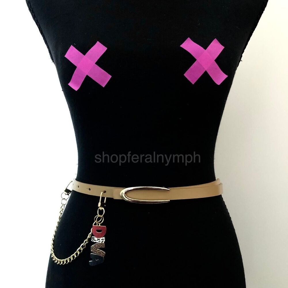 Tan Y2K Diva Charm Skinny Faux Leather Chain Belt, Fits 36.5-39 Inches, X7GA1239